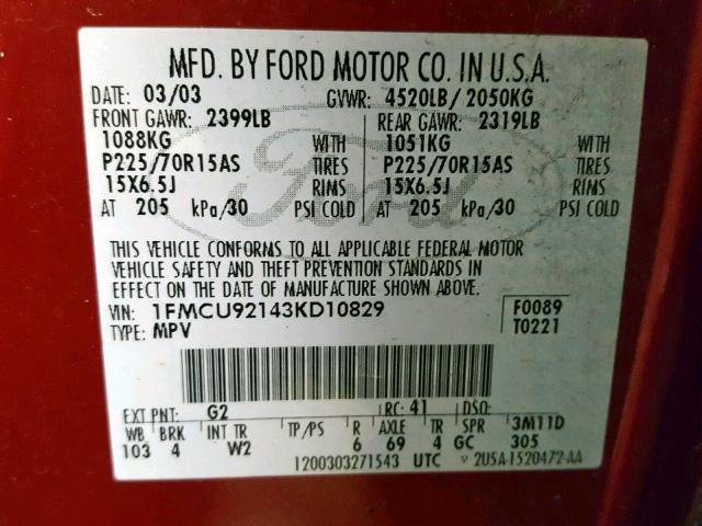 1FMCU92143KD10829 - 2003 FORD ESCAPE XLS RED photo 10