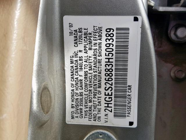 2HGES26883H509389 - 2003 HONDA CIVIC EX SILVER photo 10