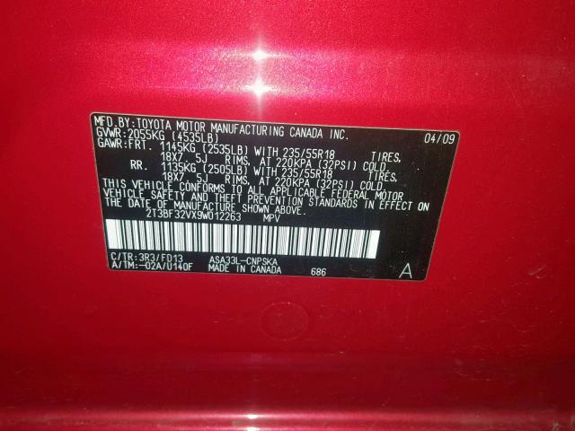 2T3BF32VX9W012263 - 2009 TOYOTA RAV4 SPORT RED photo 10