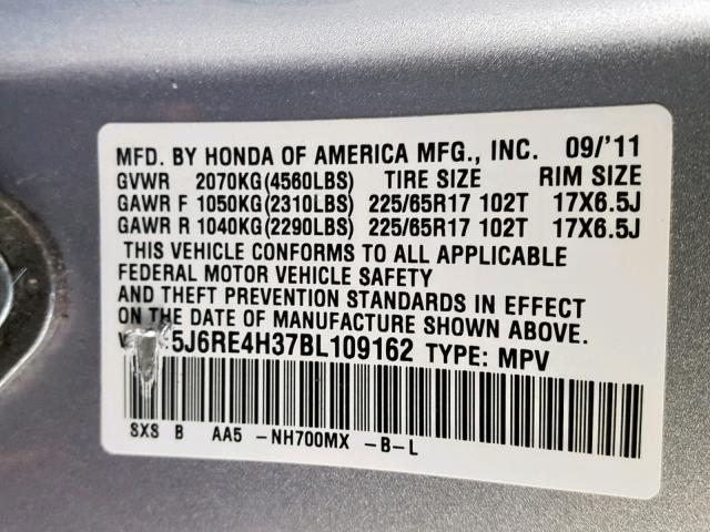 5J6RE4H37BL109162 - 2011 HONDA CR-V LX SILVER photo 10