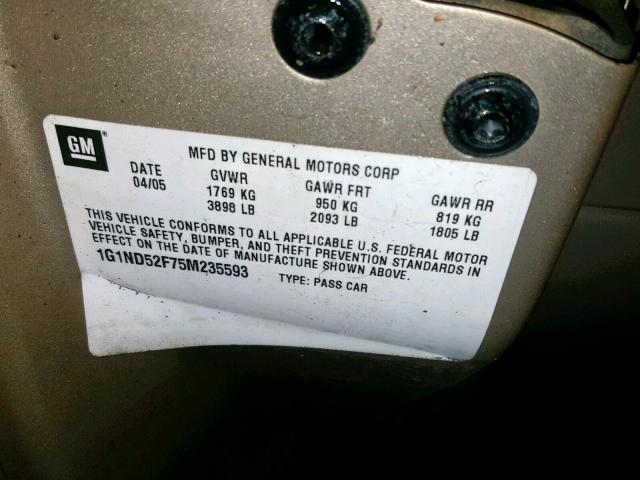 1G1ND52F75M235593 - 2005 CHEVROLET CLASSIC BEIGE photo 10