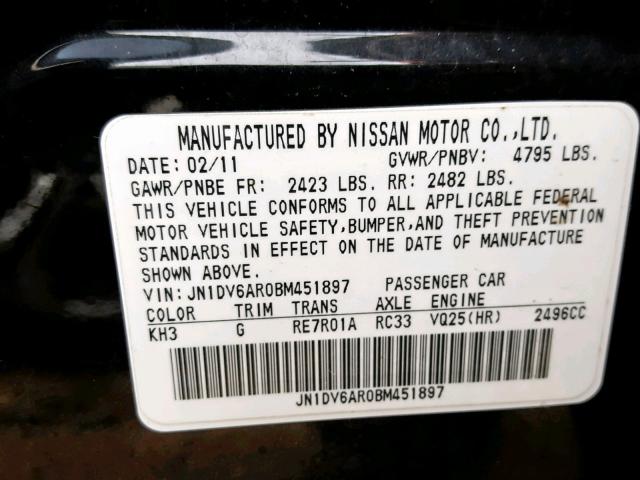 JN1DV6AR0BM451897 - 2011 INFINITI G25 BLACK photo 10