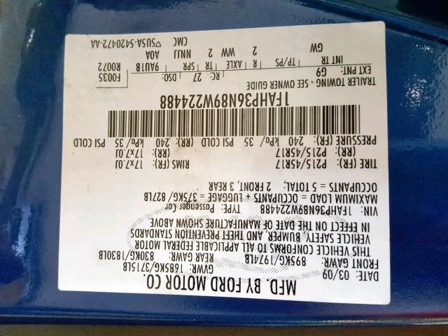 1FAHP36N89W224488 - 2009 FORD FOCUS SES BLUE photo 10