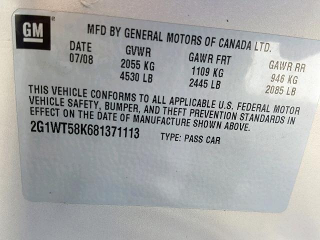 2G1WT58K681371113 - 2008 CHEVROLET IMPALA LT ოქროსფერი ფოტო 10