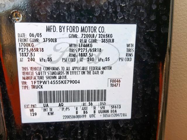 1FTPW14555KE79004 - 2005 FORD F150 SUPER BLACK photo 10