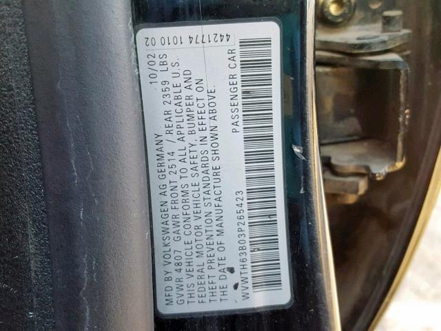WVWTH63B03P265423 - 2003 VOLKSWAGEN PASSAT GLX 黑色 照片 10
