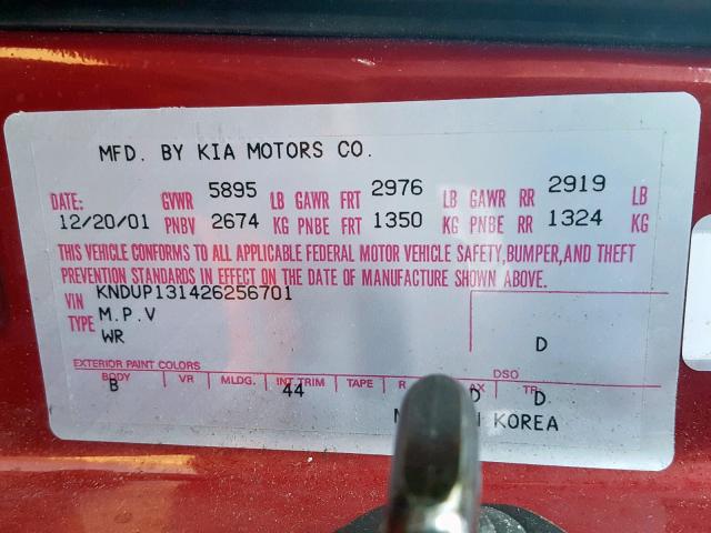 KNDUP131426256701 - 2002 KIA SEDONA EX RED photo 10