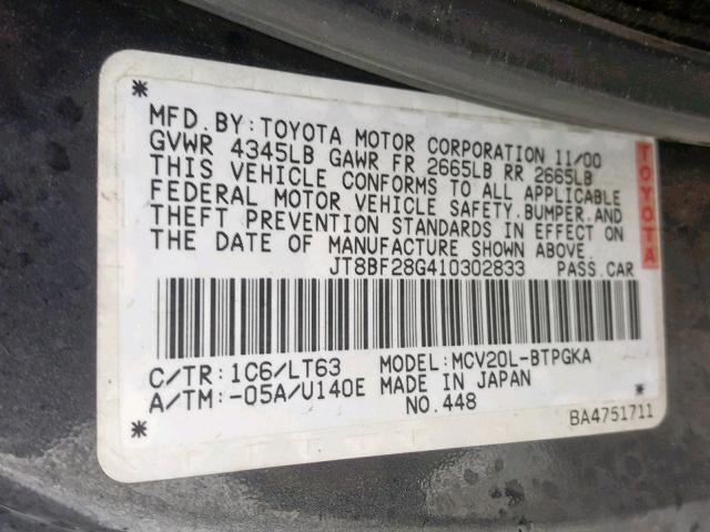 JT8BF28G410302833 - 2001 LEXUS ES 300 GRAY photo 10