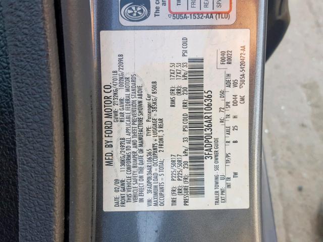 3FADP0L36AR106365 - 2010 FORD FUSION HYB CHARCOAL photo 10