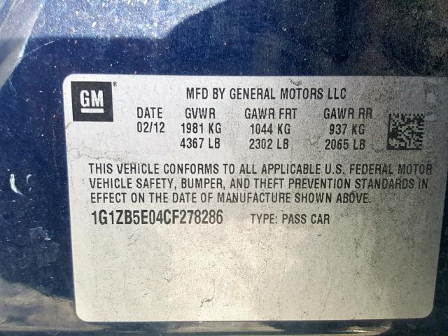 1G1ZB5E04CF278286 - 2012 CHEVROLET MALIBU LS ლურჯი ფოტო 10