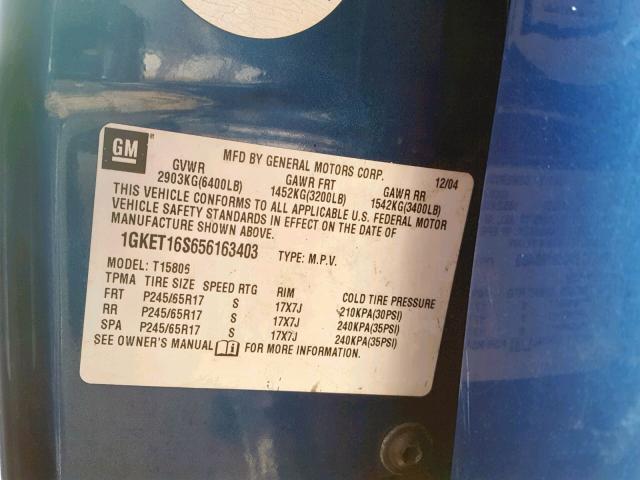 1GKET16S656163403 - 2005 GMC ENVOY XL BLUE photo 10