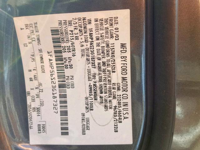 1FAHP56S23G187327 - 2003 FORD TAURUS SEL GRAY photo 10