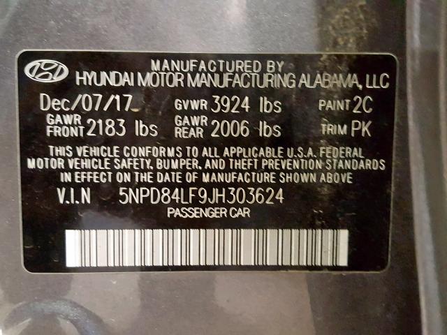 5NPD84LF9JH303624 - 2018 HYUNDAI ELANTRA SE GRAY photo 10