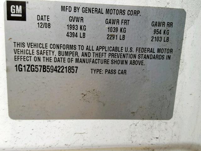 1G1ZG57B594221857 - 2009 CHEVROLET MALIBU LS თეთრი ფოტო 10