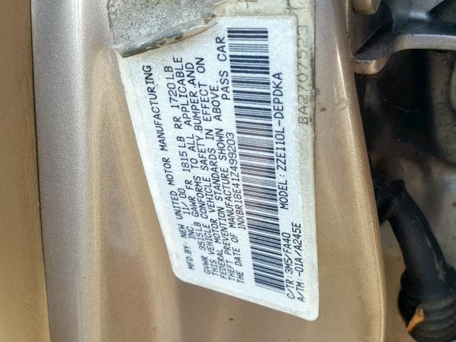 1NXBR18E41Z499203 - 2001 TOYOTA COROLLA CE GOLD photo 10