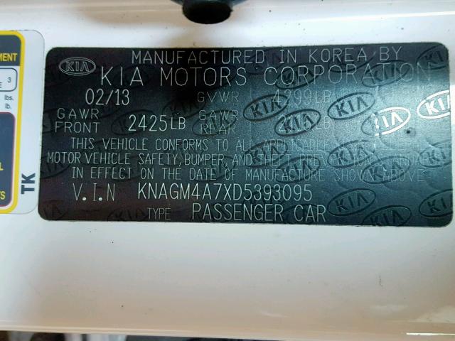 KNAGM4A7XD5393095 - 2013 KIA OPTIMA LX WHITE photo 10