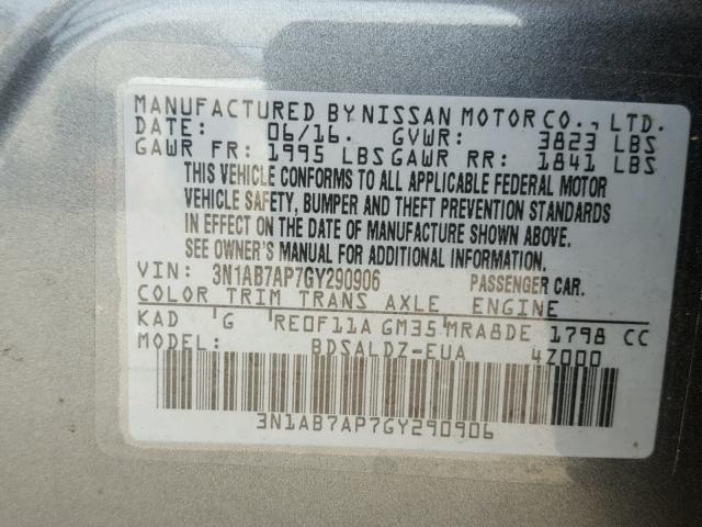 3N1AB7AP7GY290906 - 2016 NISSAN SENTRA S Boz foto 10