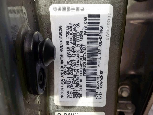 1NXBR30E16Z740133 - 2006 TOYOTA COROLLA CE GRAY photo 10