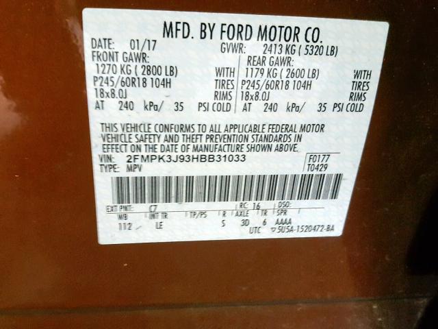 2FMPK3J93HBB31033 - 2017 FORD EDGE SEL ORANGE photo 10