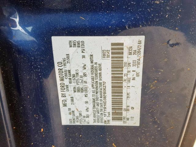 1FTYR10D38PB06270 - 2008 FORD RANGER BLUE photo 10