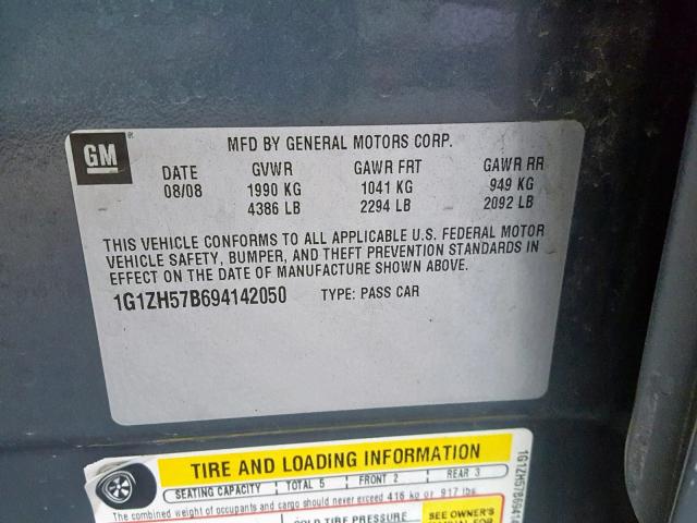 1G1ZH57B694142050 - 2009 CHEVROLET MALIBU 1LT GRAY photo 10