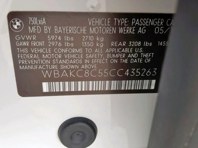 WBAKC8C55CC435263 - 2012 BMW 750LI WHITE photo 10