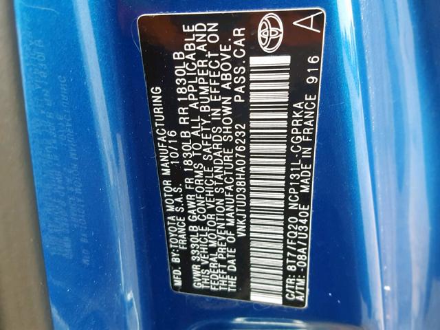 VNKJTUD38HA076232 - 2017 TOYOTA YARIS L BLUE photo 10