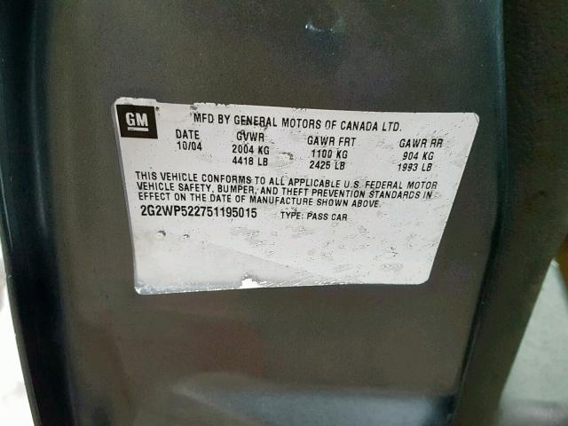 2G2WP522751195015 - 2005 PONTIAC GRAND PRIX GRAY photo 10