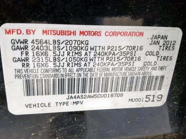 JA4AS2AW5CU018708 - 2012 MITSUBISHI OUTLANDER BLACK photo 10