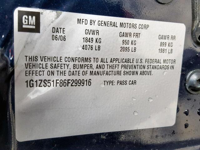 1G1ZS51F86F299916 - 2006 CHEVROLET MALIBU LS BLUE photo 10