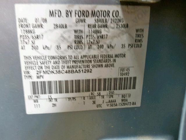 2FMDK38C48BA51292 - 2008 FORD EDGE SEL BLUE photo 10