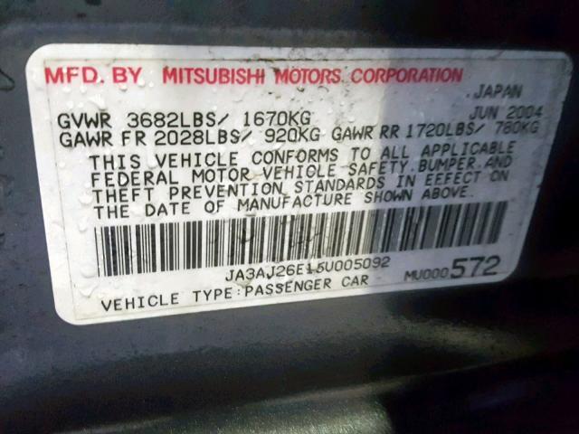 JA3AJ26E15U005092 - 2005 MITSUBISHI LANCER ES GRAY photo 10