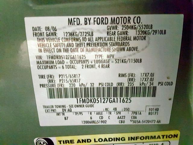 1FMDK05127GA11625 - 2007 FORD FREESTYLE GREEN photo 10