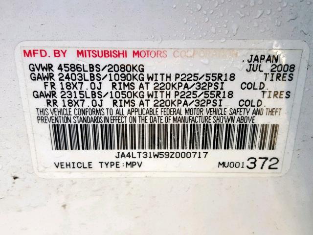 JA4LT31W59Z000717 - 2009 MITSUBISHI OUTLANDER WHITE photo 10