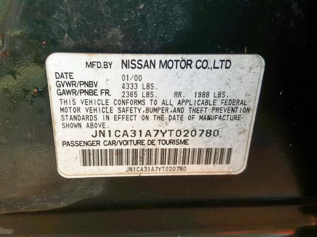 JN1CA31A7YT020780 - 2000 NISSAN MAXIMA GLE GREEN photo 10