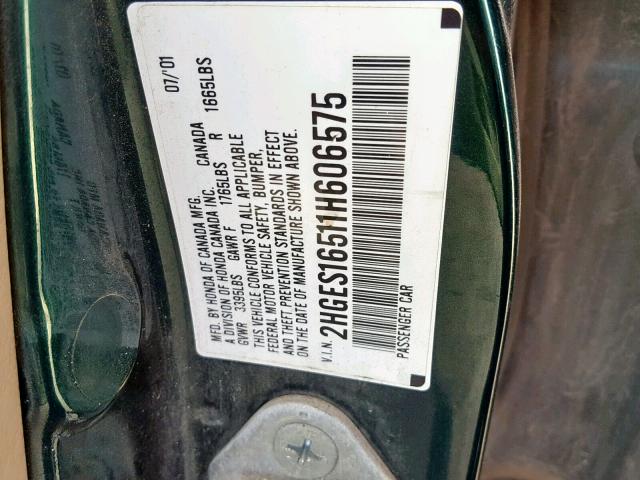 2HGES16511H606575 - 2001 HONDA CIVIC LX GREEN photo 10