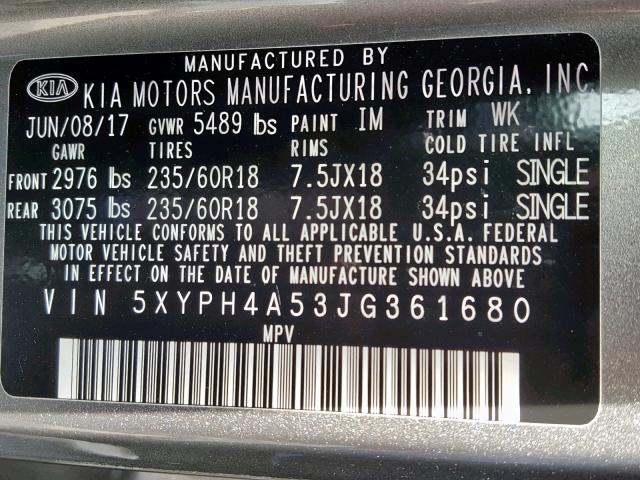 5XYPH4A53JG361680 - 2018 KIA SORENTO EX 灰色 照片 10