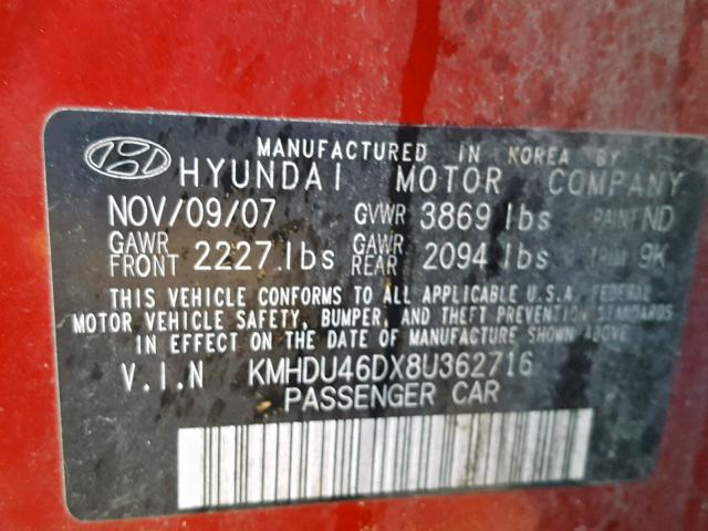 KMHDU46DX8U362716 - 2008 HYUNDAI ELANTRA GL Бордовый фото 10