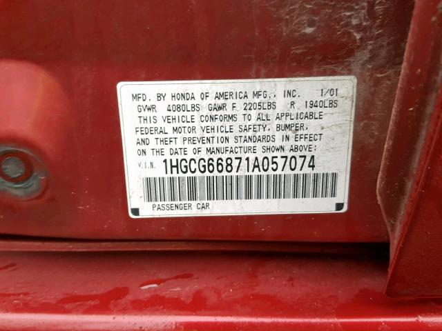 1HGCG66871A057074 - 2001 HONDA ACCORD EX RED photo 10