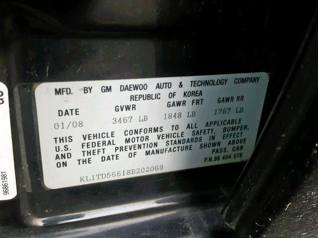 KL1TD56618B202069 - 2008 CHEVROLET AVEO BASE Қара фото 10