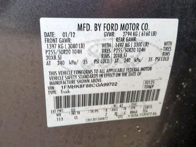 1FMHK8F88CGA99702 - 2012 FORD EXPLORER L CHARCOAL photo 10