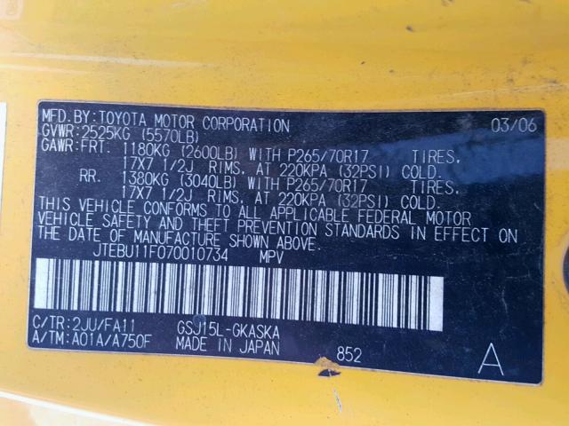 JTEBU11F070010734 - 2007 TOYOTA FJ CRUISER YELLOW photo 10