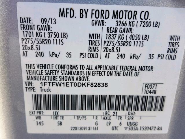 1FTFW1ET0DKF82838 - 2013 FORD F150 SUPER SILVER photo 10