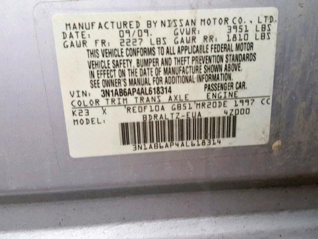 3N1AB6AP4AL618314 - 2010 NISSAN SENTRA 2.0 SILVER photo 10