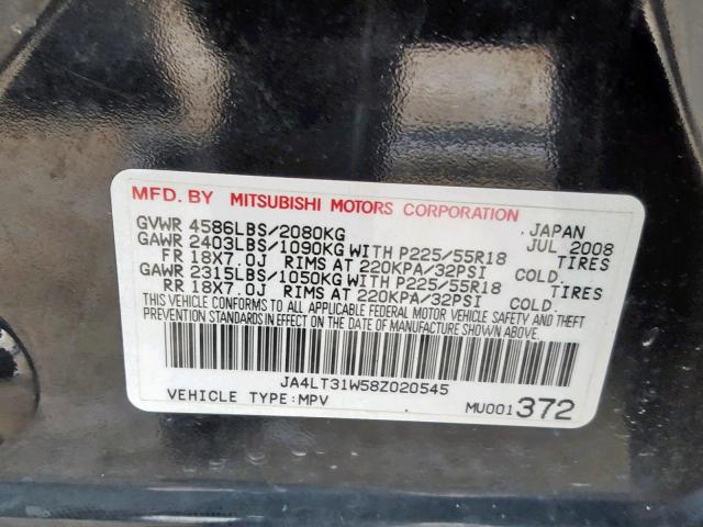 JA4LT31W58Z020545 - 2008 MITSUBISHI OUTLANDER BLACK photo 10