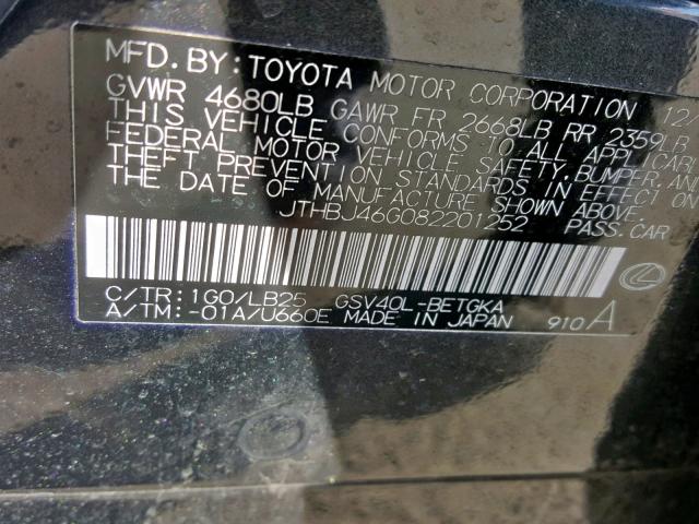 JTHBJ46G082201252 - 2008 LEXUS ES 350 GRAY photo 10