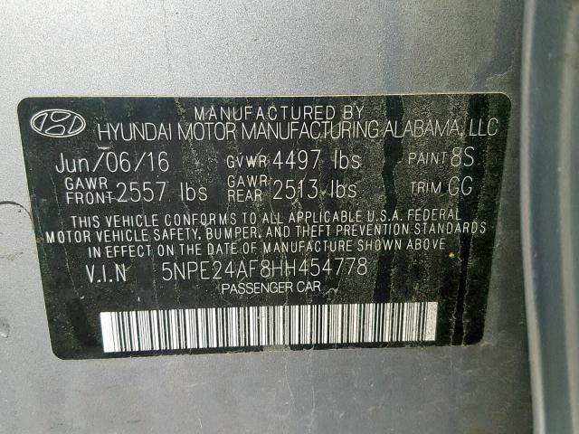 5NPE24AF8HH454778 - 2017 HYUNDAI SONATA SE ვერცხლისფერი ფოტო 10