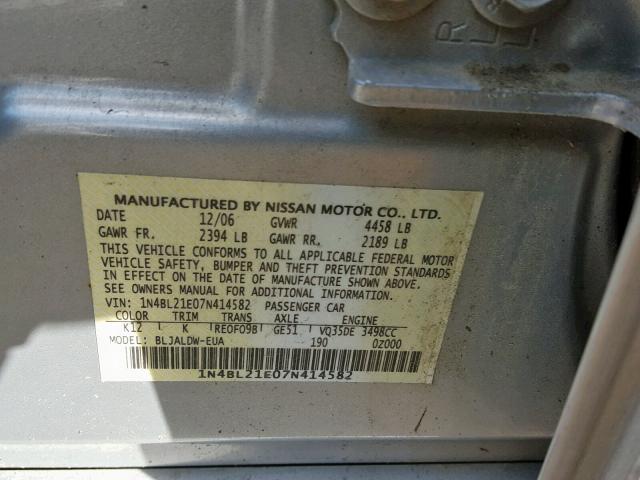 1N4BL21E07N414582 - 2007 NISSAN ALTIMA 3.5 SILVER photo 10