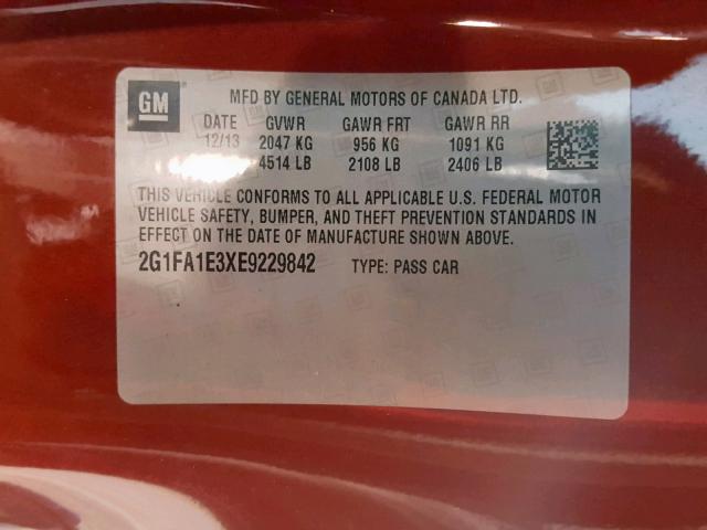 2G1FA1E3XE9229842 - 2014 CHEVROLET CAMARO LS RED photo 10