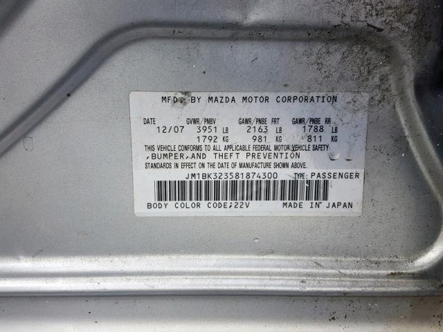 JM1BK323581874300 - 2008 MAZDA 3 S SILVER photo 10